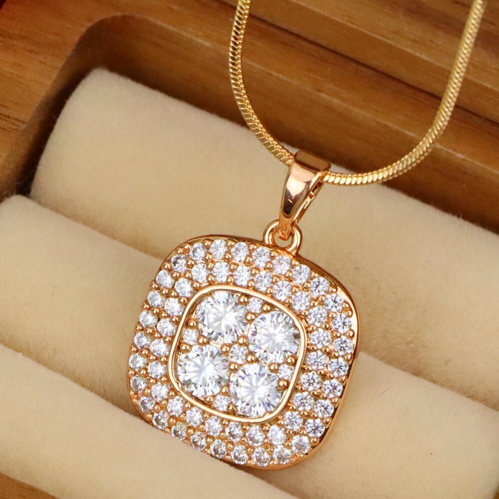 "Square Rose Gold Pendant with Sparkling White Crystal Accents, XPPT1871